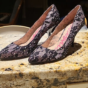 BetseyVille by Betsy Johnson. Vintage heels with crystal accents& black lace.